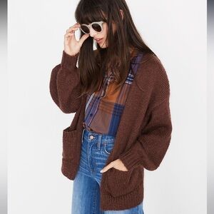 Balloon-Sleeve Cardigan Sweater in Burgundy